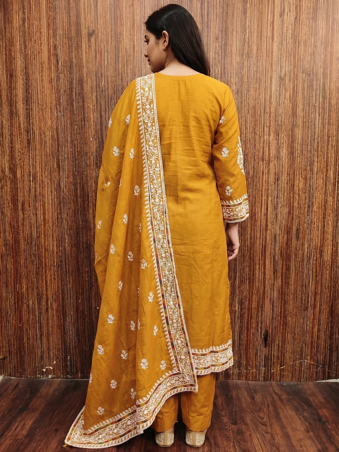 Mustard Floral Embroidered Cotton Silk Dress Material - Image 2
