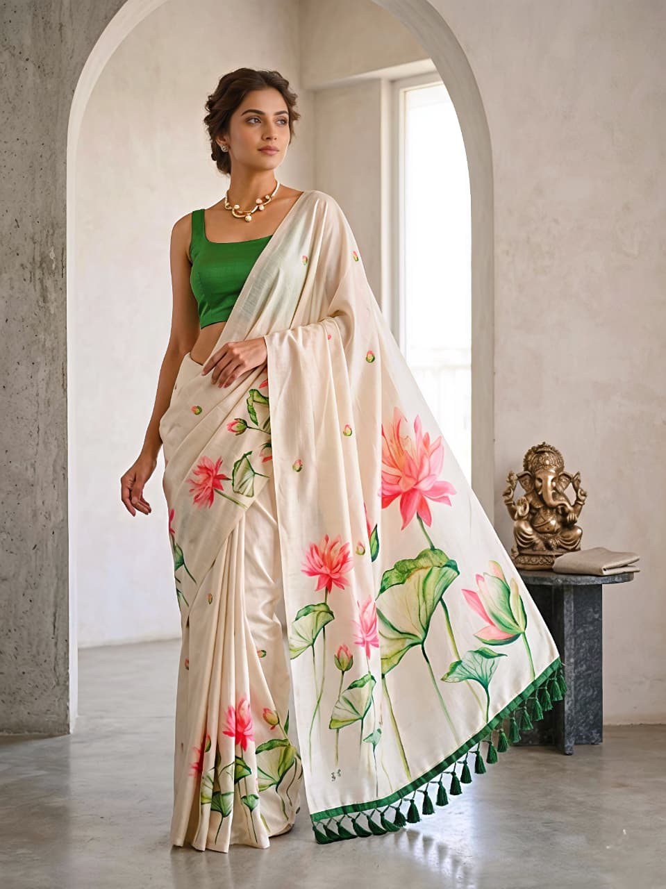 Peachmode Cream Tusser Silk Floral Print Saree - Image 1