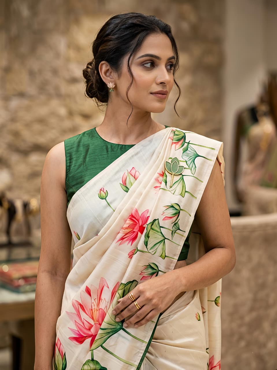 Peachmode Cream Tusser Silk Floral Print Saree - Image 3
