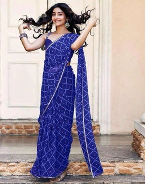 Peachmode Blue Georgette Bandhani Saree with Sequins Lace Border - Image 1
