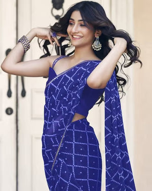 Peachmode Blue Georgette Bandhani Saree with Sequins Lace Border - Image 2