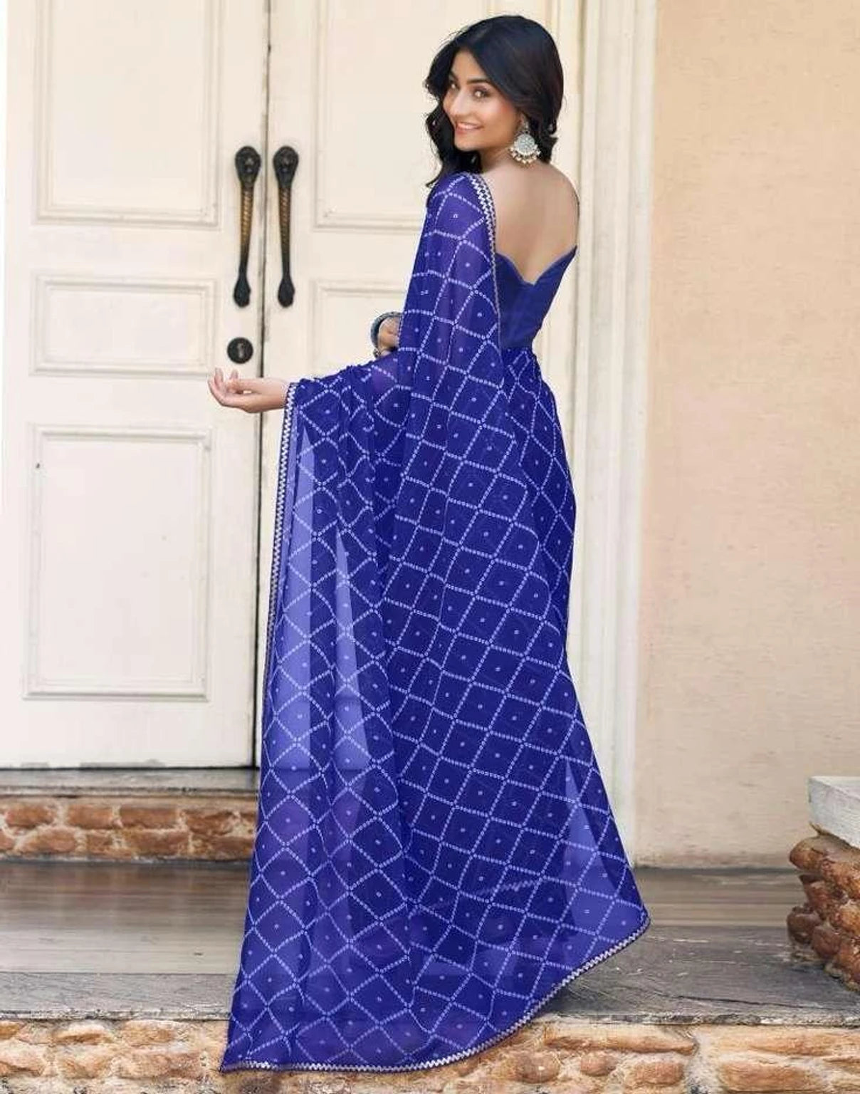 Peachmode Blue Georgette Bandhani Saree with Sequins Lace Border - Image 4