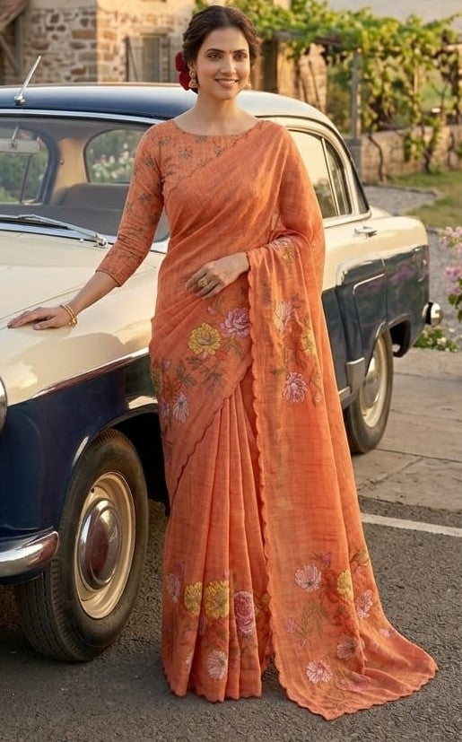 Peachmode Orange Linen Floral Print Saree with Cut Work Border - Image 5