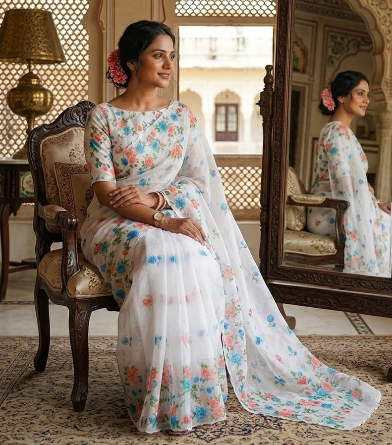 Peachmode White Linen Floral Print Saree with Cut Work Border - Image 1