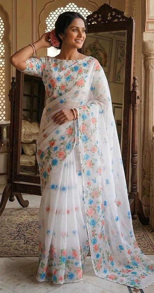 Peachmode White Linen Floral Print Saree with Cut Work Border - Image 3