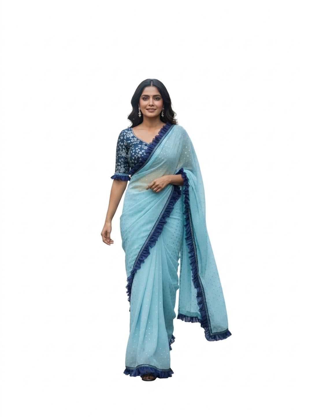 Peachmode Sky Blue Georgette Floral Print Frill Lace Saree - Image 3
