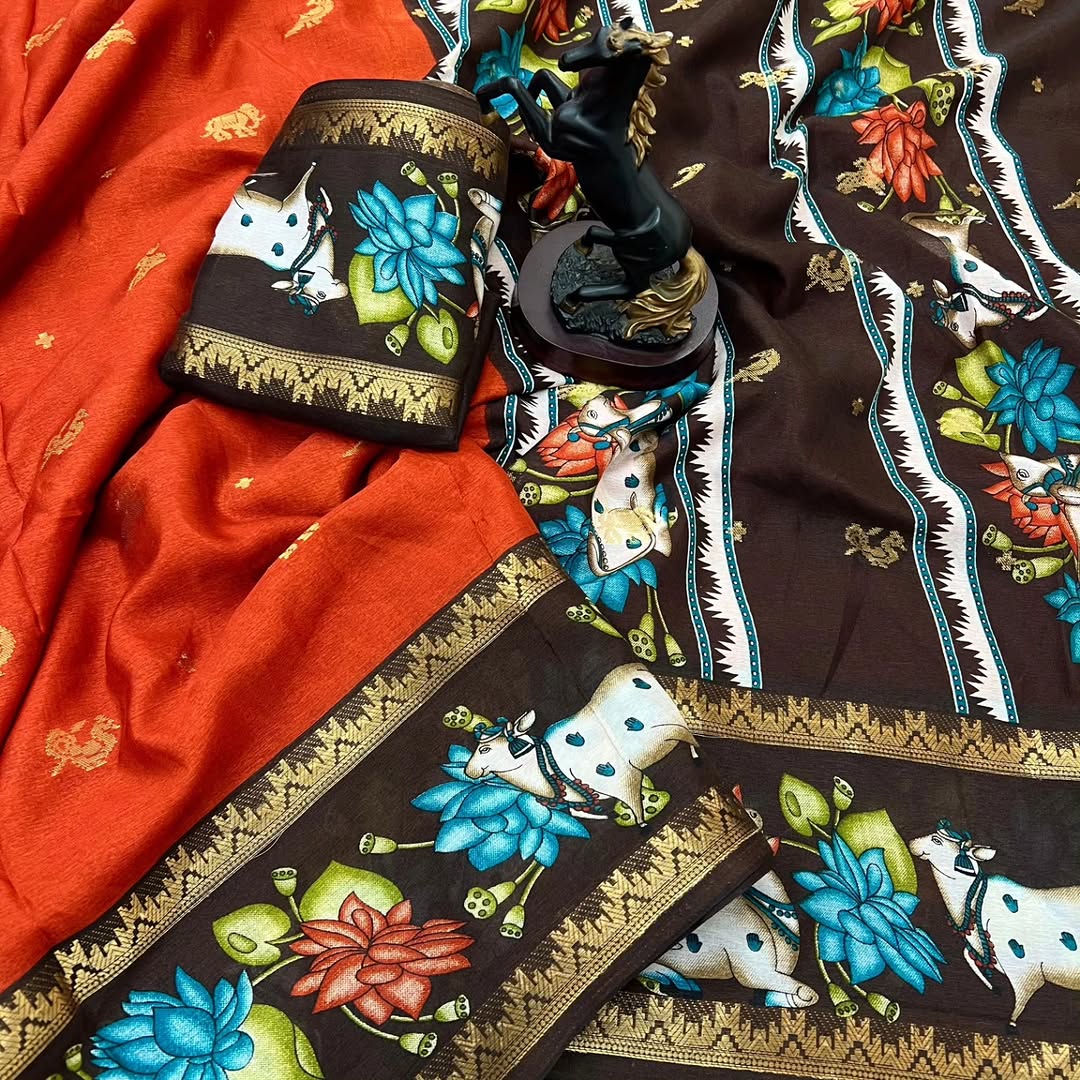Peachmode Orange Dola Silk Kalamkari Print Saree - Image 5