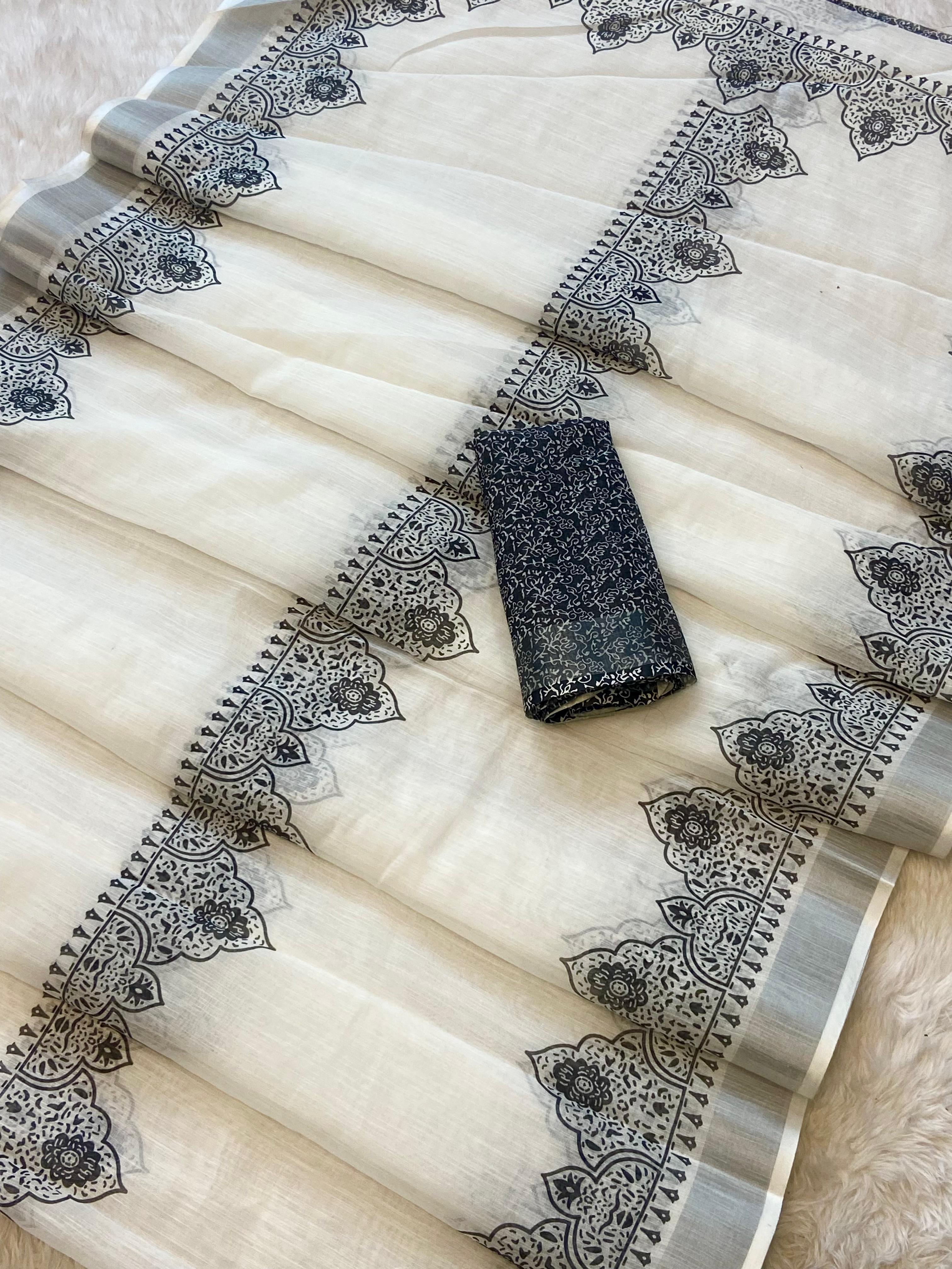 Peachmode Cream Linen Ethnic Motif Saree - Image 4
