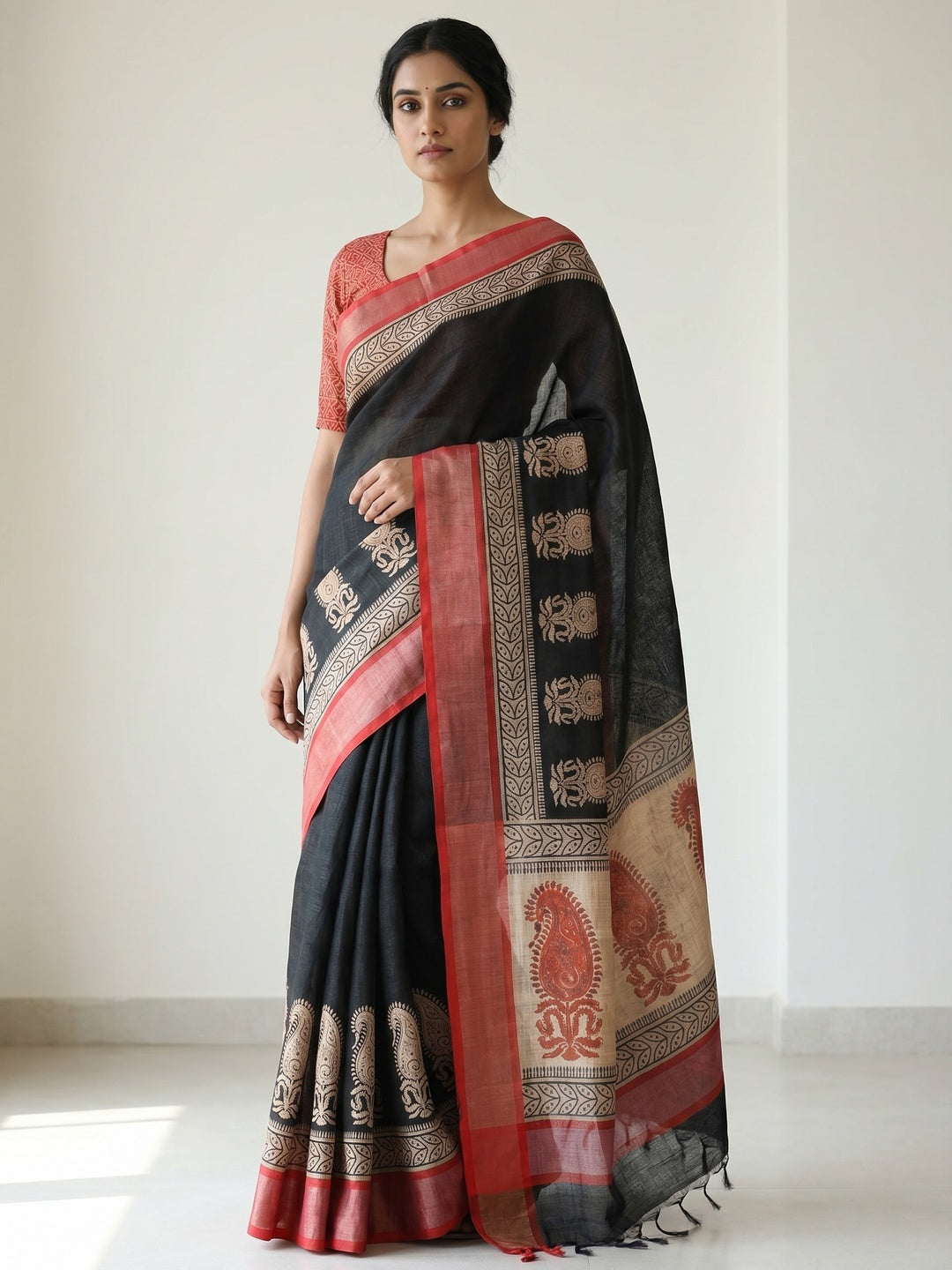 Peachmode Black Linen Paisley Border Saree - Image 1