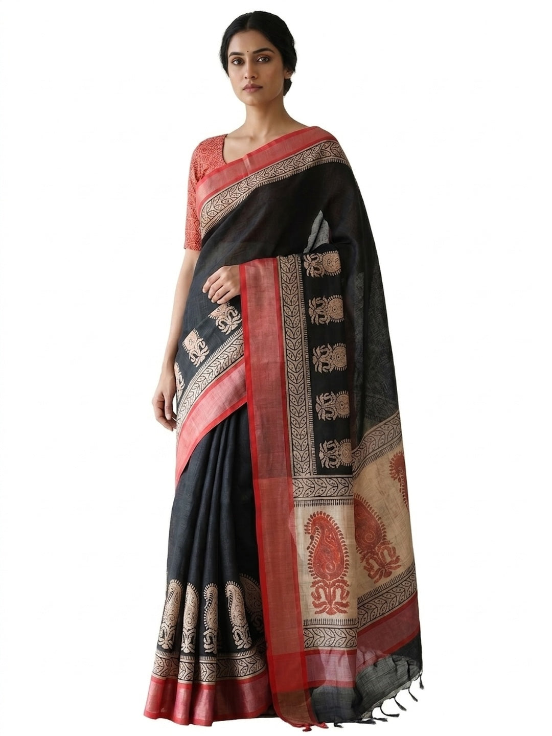Peachmode Black Linen Paisley Border Saree - Image 4