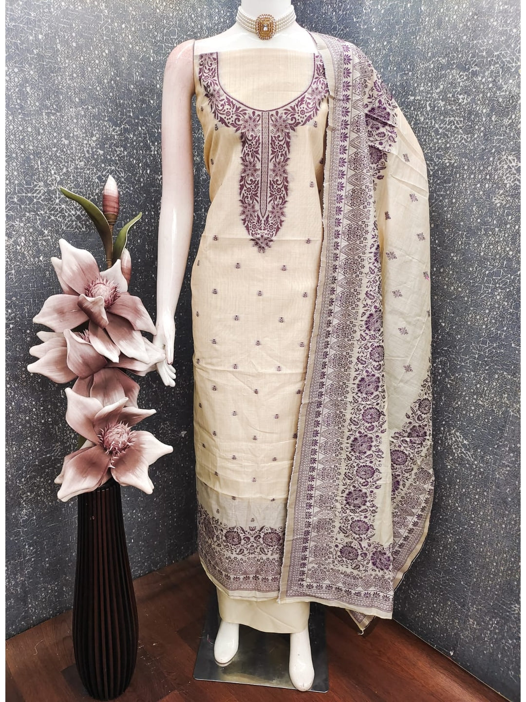 Peachmode Purple Linen Dress Material with Ethnic Motifs - Image 3