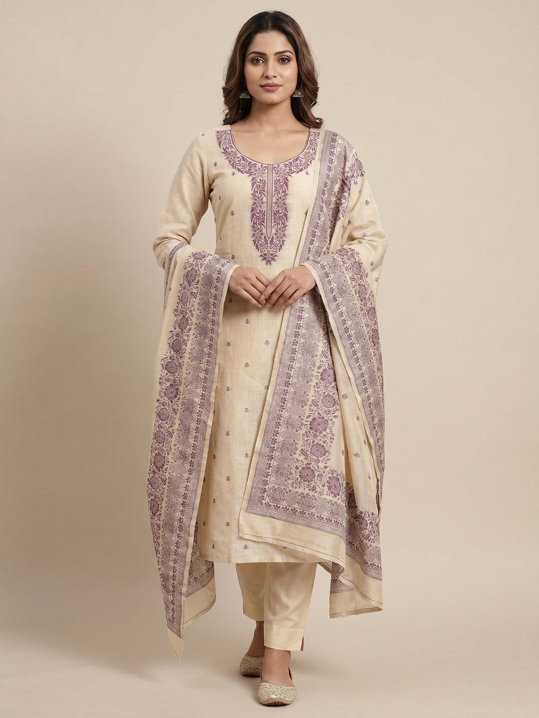 Peachmode Purple Linen Dress Material with Ethnic Motifs - Image 2