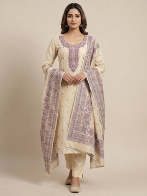 Peachmode Purple Linen Dress Material with Ethnic Motifs - Image 2