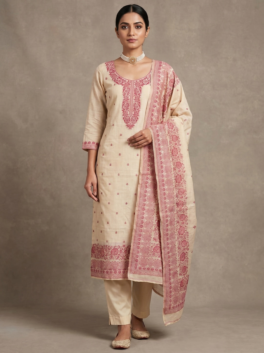 Peachmode Pink Linen Dress Material with Ethnic Motifs - Image 2