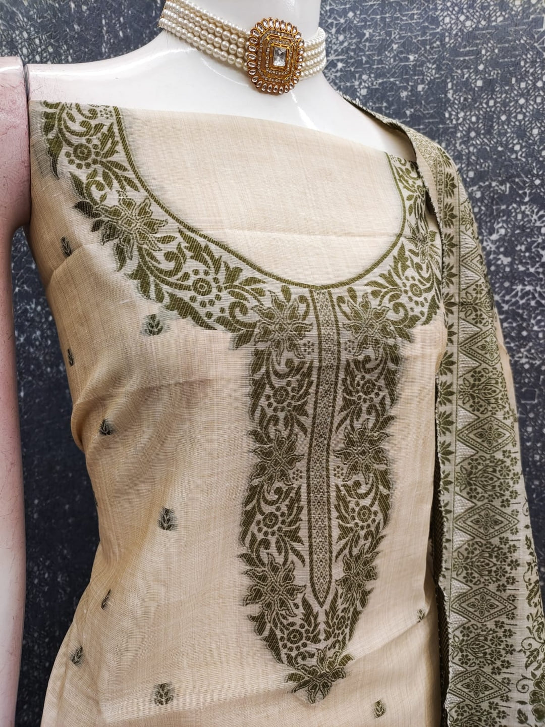 Peachmode Olive Linen Dress Material with Ethnic Motifs - Image 3