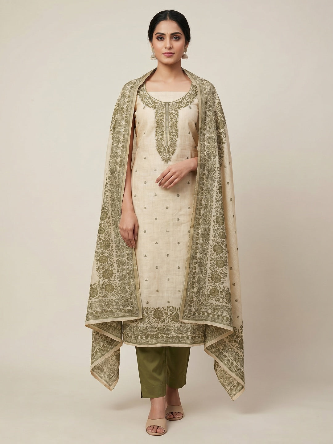 Peachmode Olive Linen Dress Material with Ethnic Motifs - Image 1