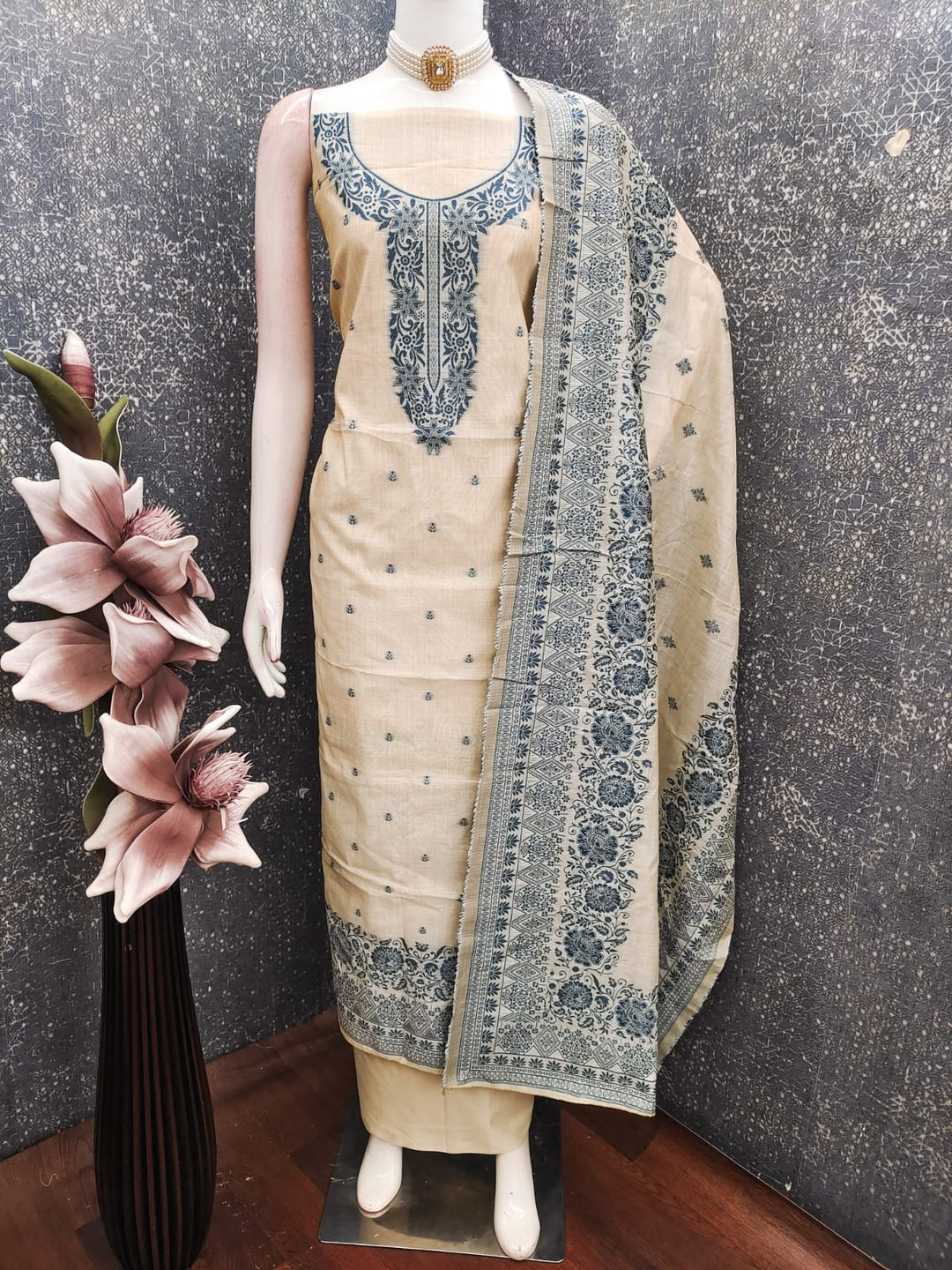 Peachmode Blue Linen Dress Material Set with Ethnic Motifs - Image 3