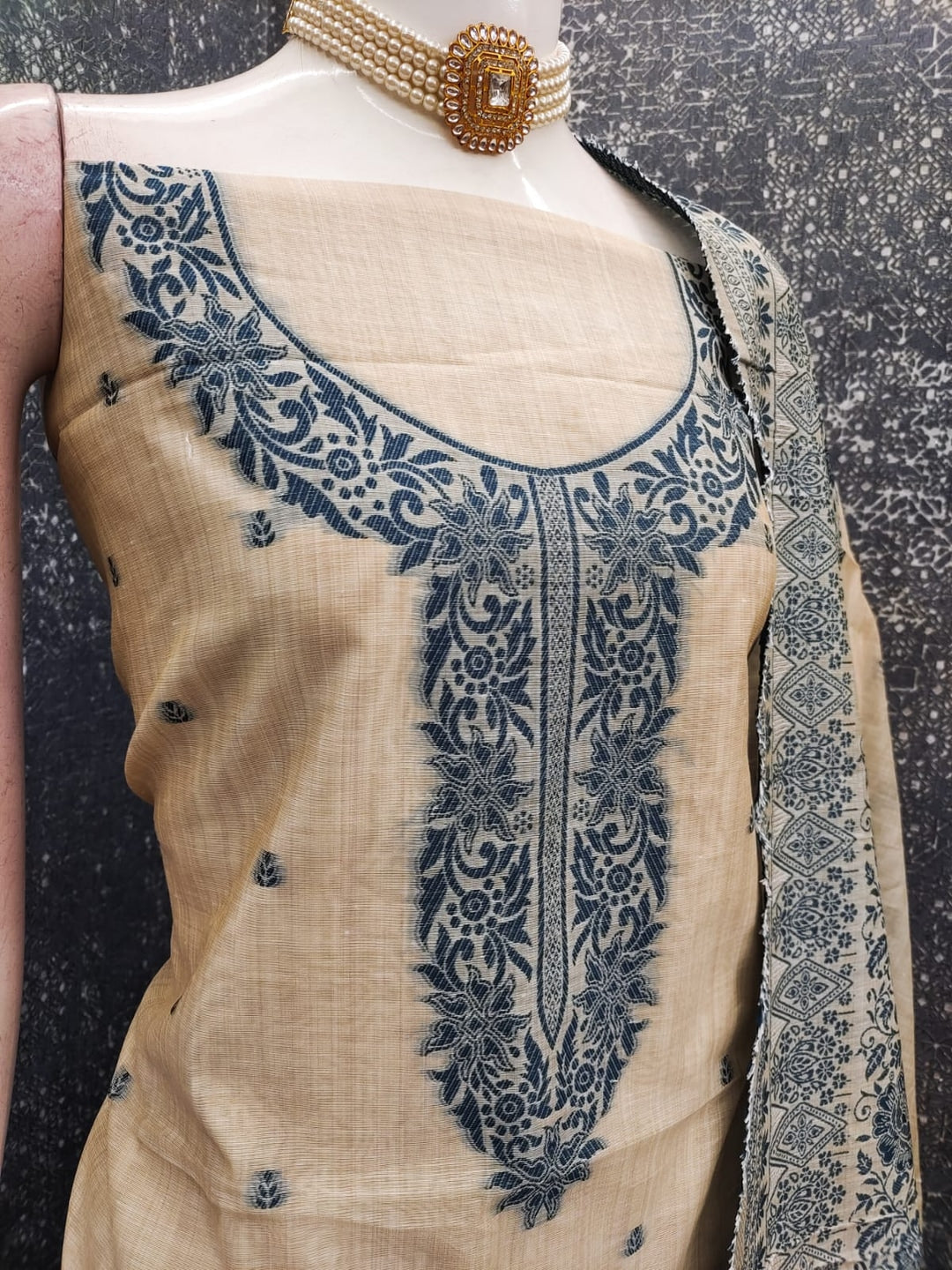 Peachmode Blue Linen Dress Material Set with Ethnic Motifs - Image 4