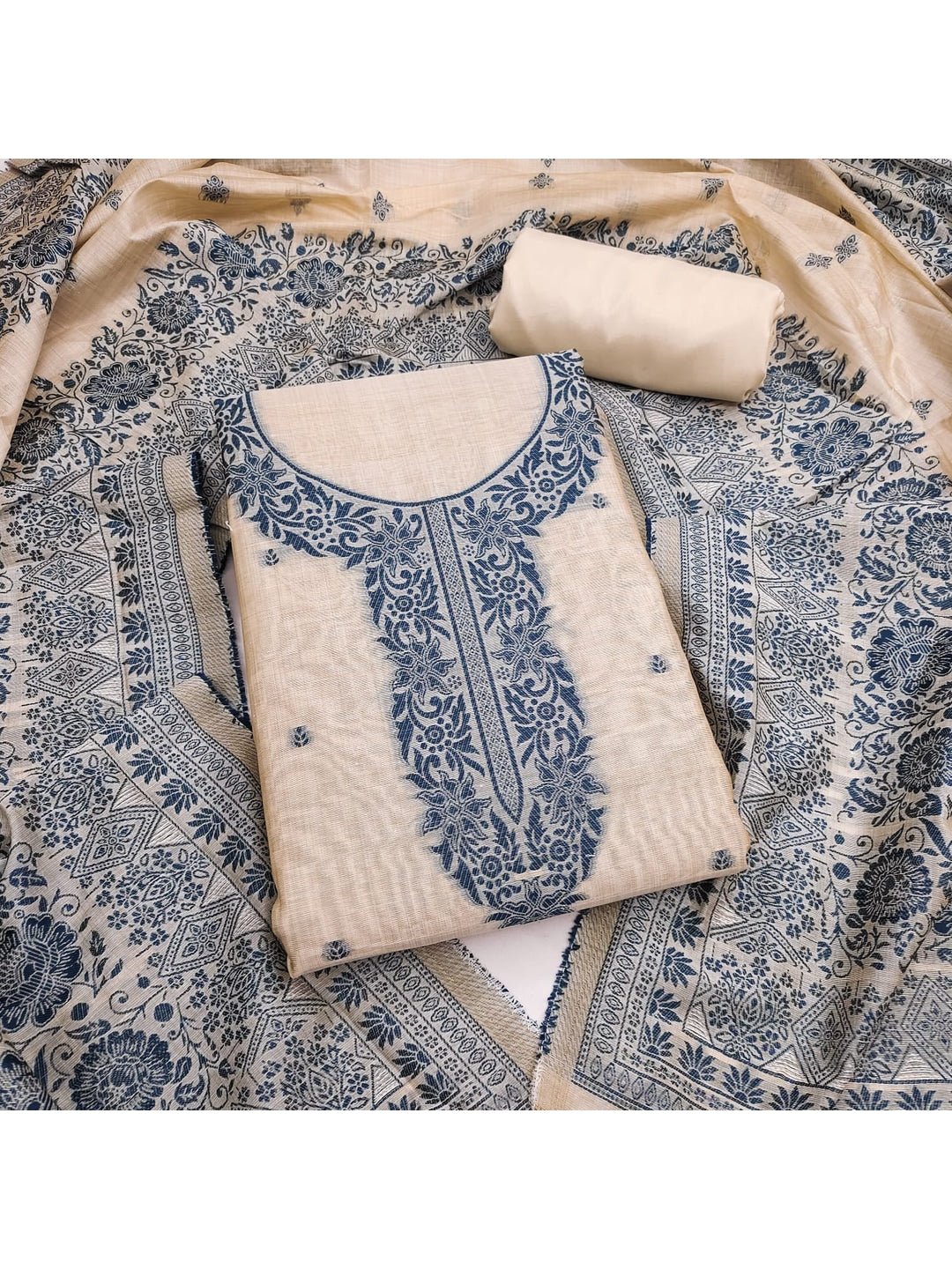 Peachmode Blue Linen Dress Material Set with Ethnic Motifs - Image 1
