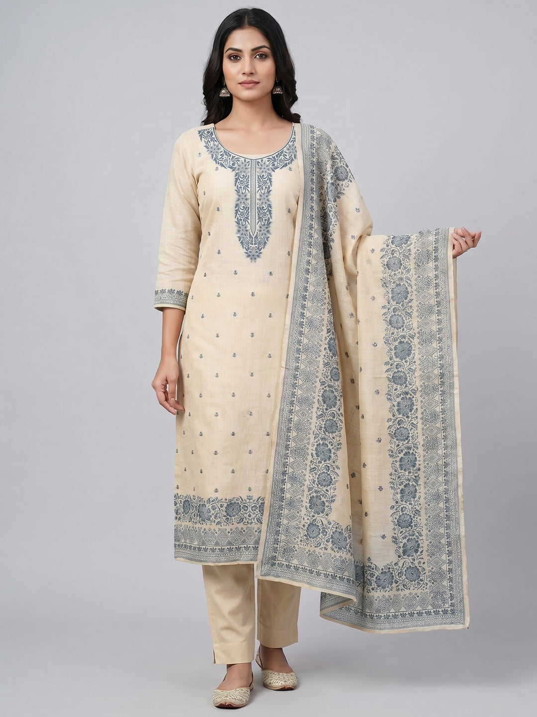 Peachmode Blue Linen Dress Material Set with Ethnic Motifs - Image 2