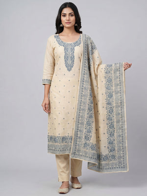 Peachmode Blue Linen Dress Material Set with Ethnic Motifs - Image 2