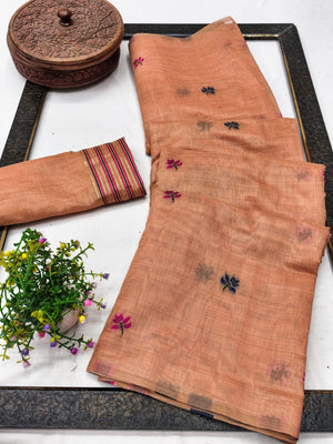 Peachmode Peach Linen Jamdani Saree for Traditional Wear - Image 2
