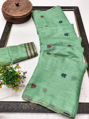 Peachmode Green Linen Jamdani Saree for Traditional Wear - Image 2