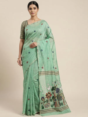 Peachmode Green Linen Jamdani Saree for Traditional Wear - Image 1