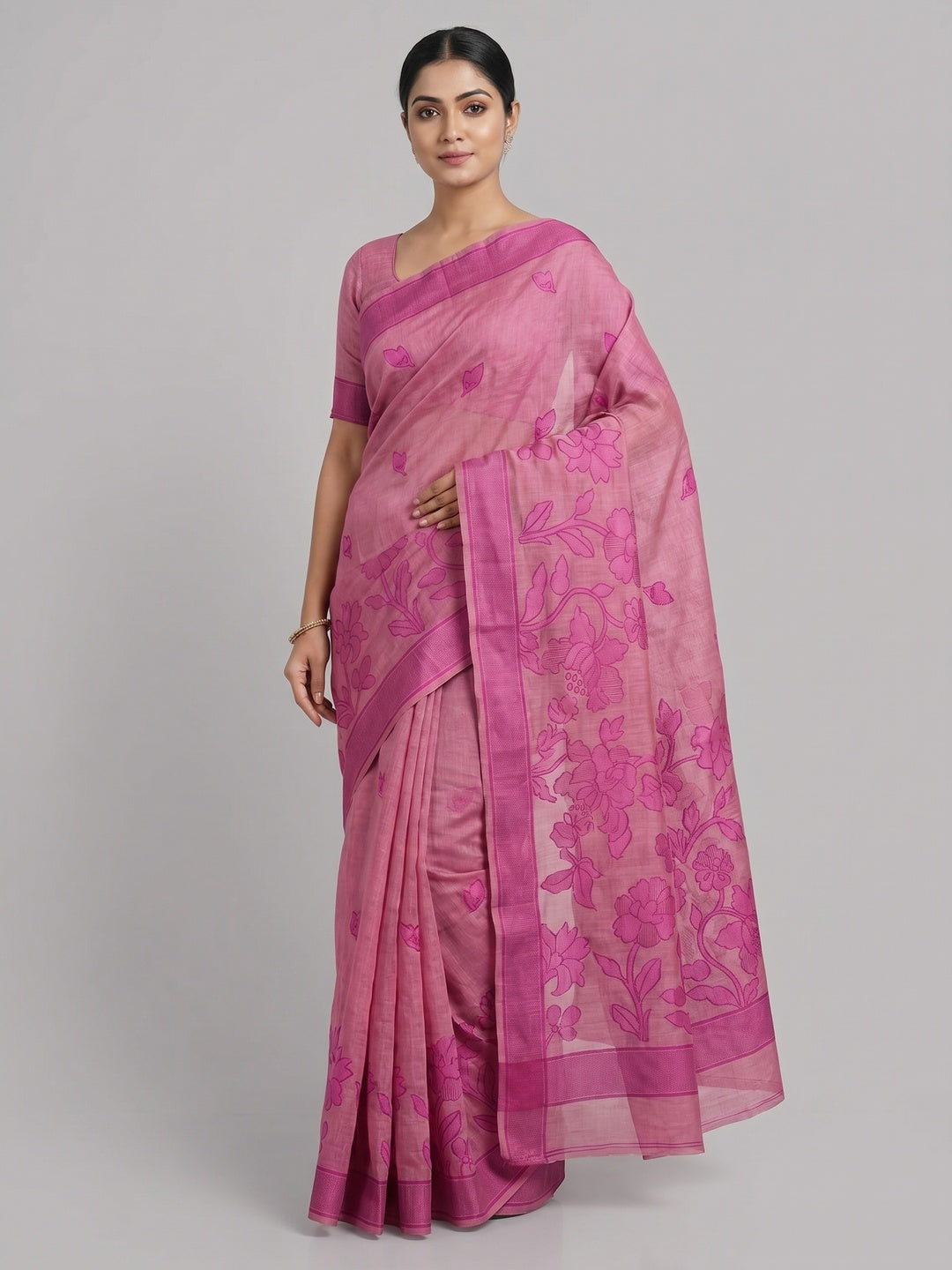 Peachmode Pink Linen Jamdani Saree for Traditional Wear - Image 1