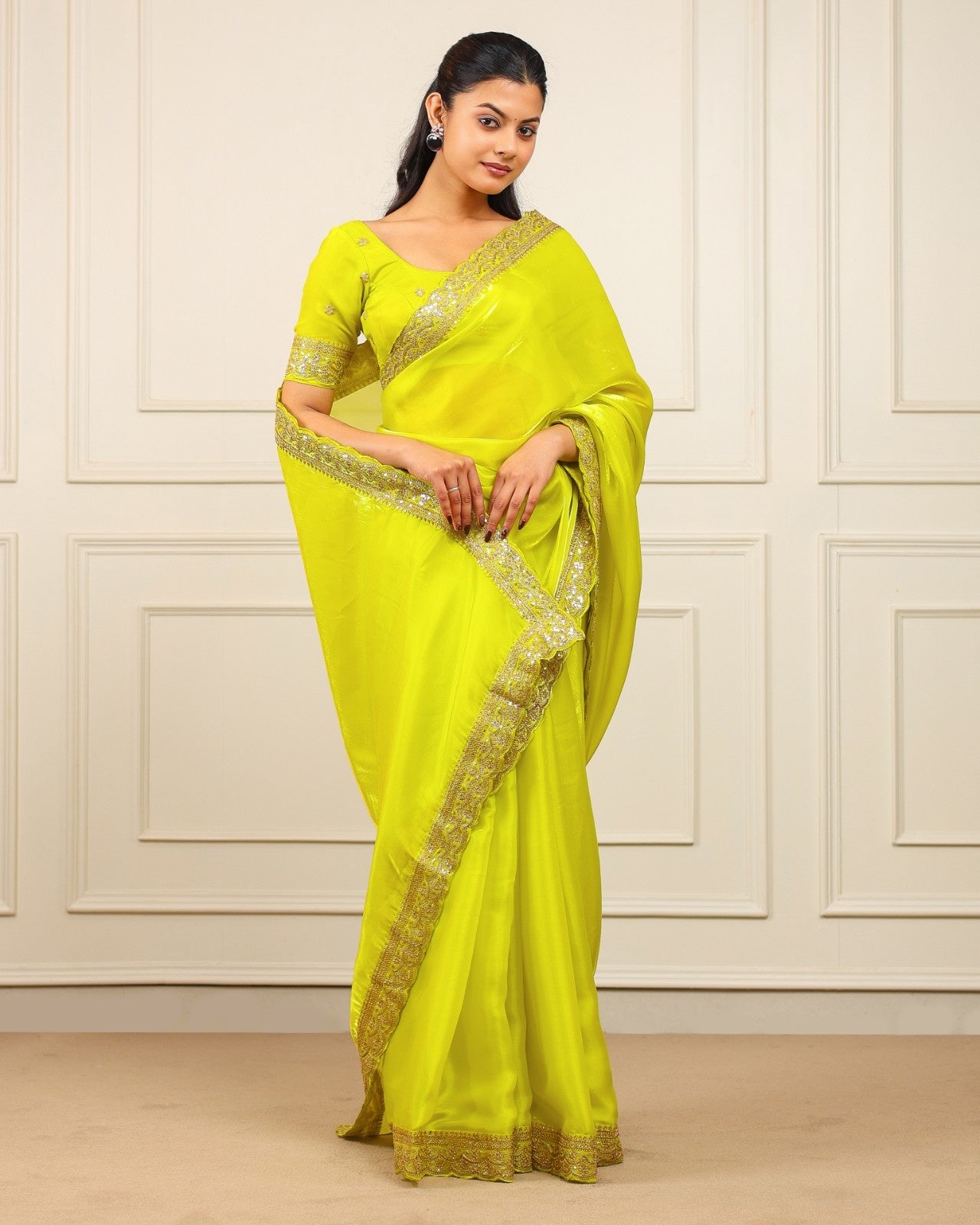Peachmode Yellow Silk Saree with Sequins Embroidery - Image 1