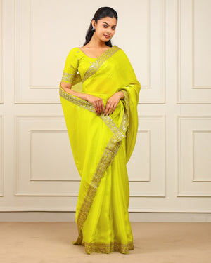 Peachmode Yellow Silk Saree with Sequins Embroidery - Image 1