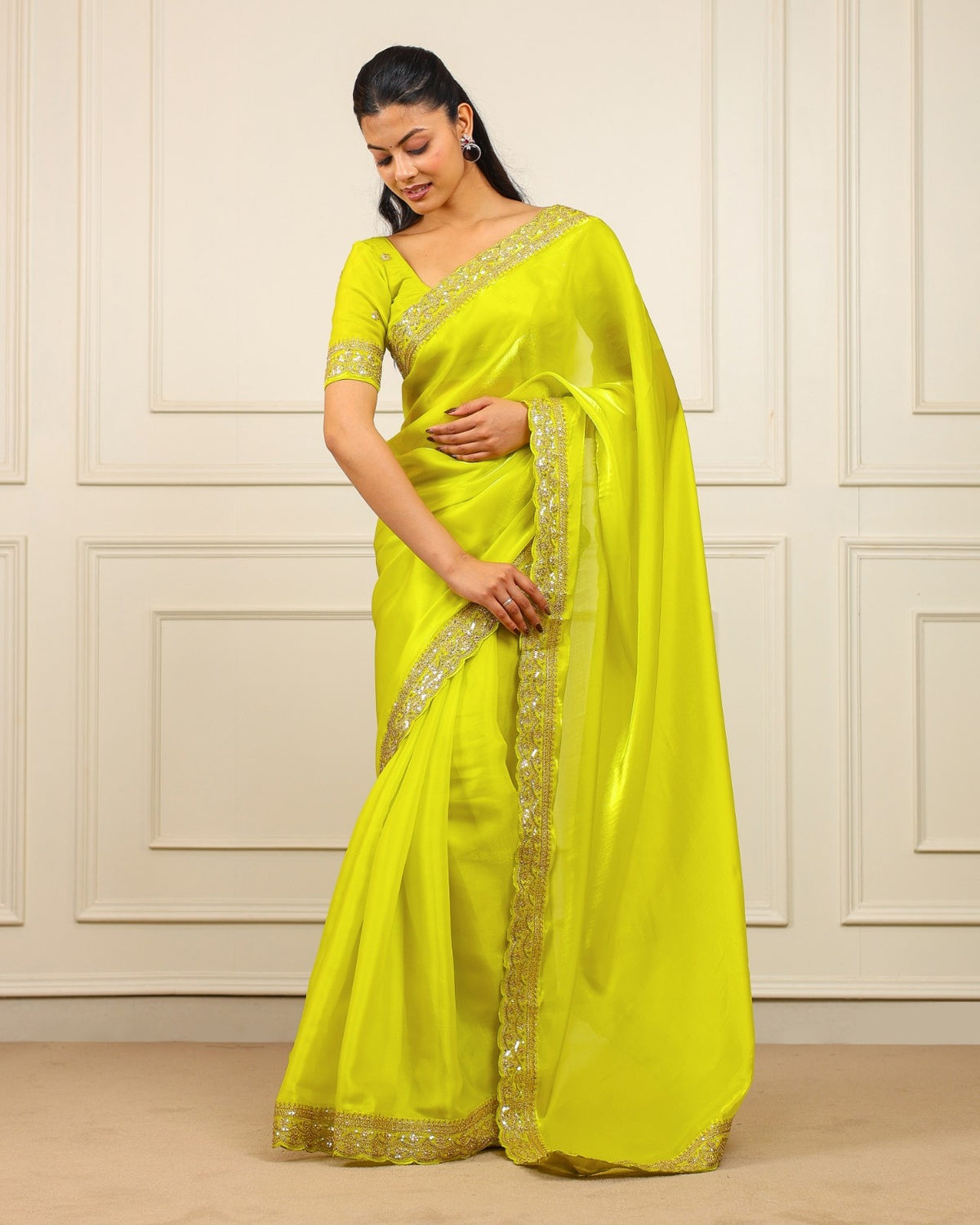 Peachmode Yellow Silk Saree with Sequins Embroidery - Image 4