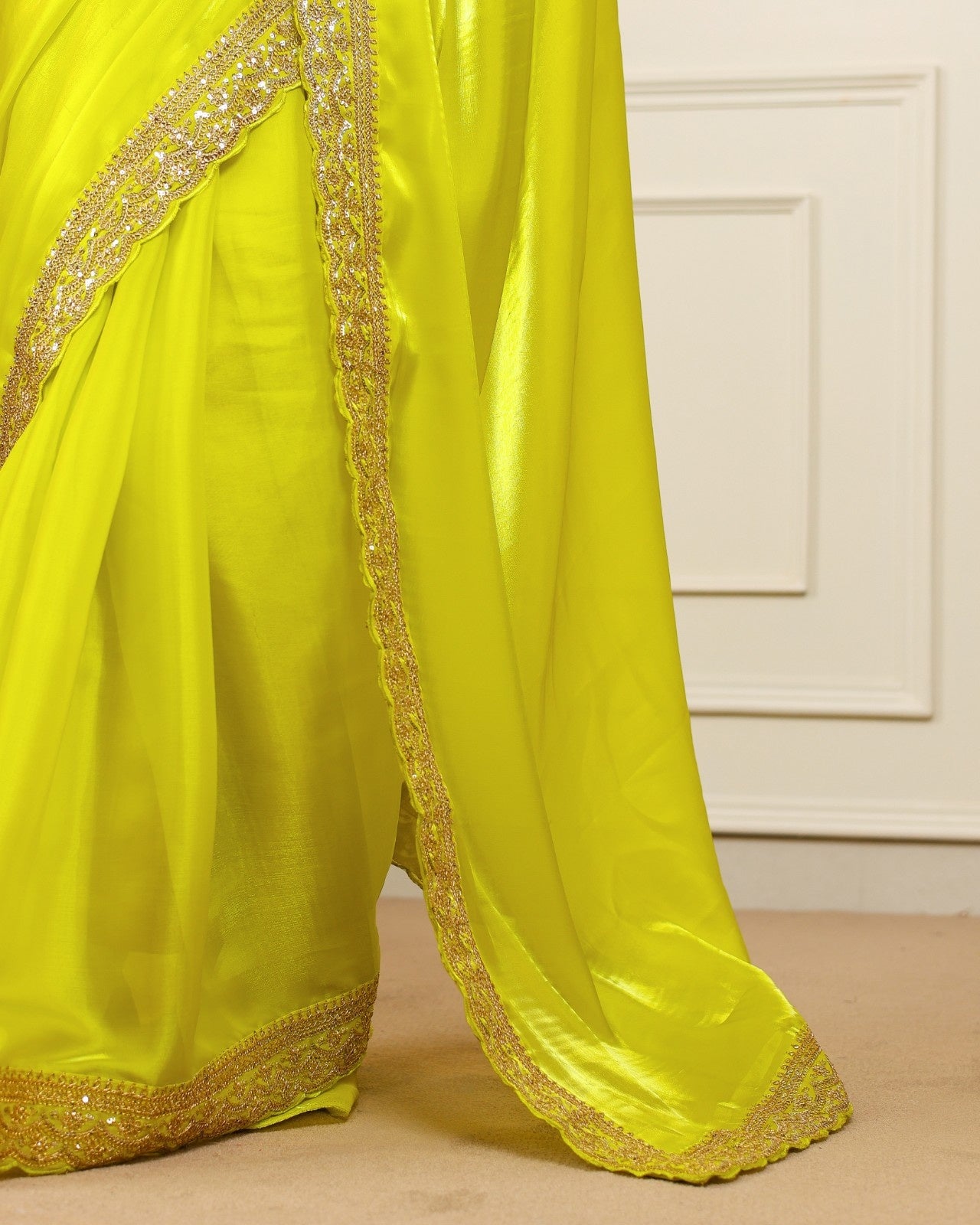 Peachmode Yellow Silk Saree with Sequins Embroidery - Image 5