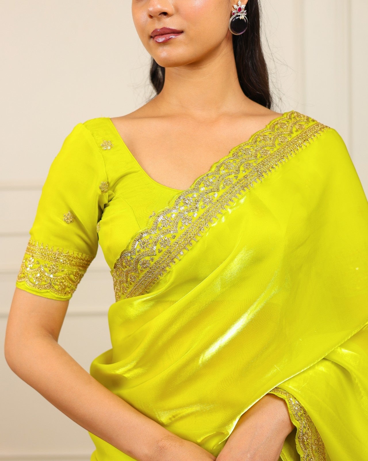 Peachmode Yellow Silk Saree with Sequins Embroidery - Image 6