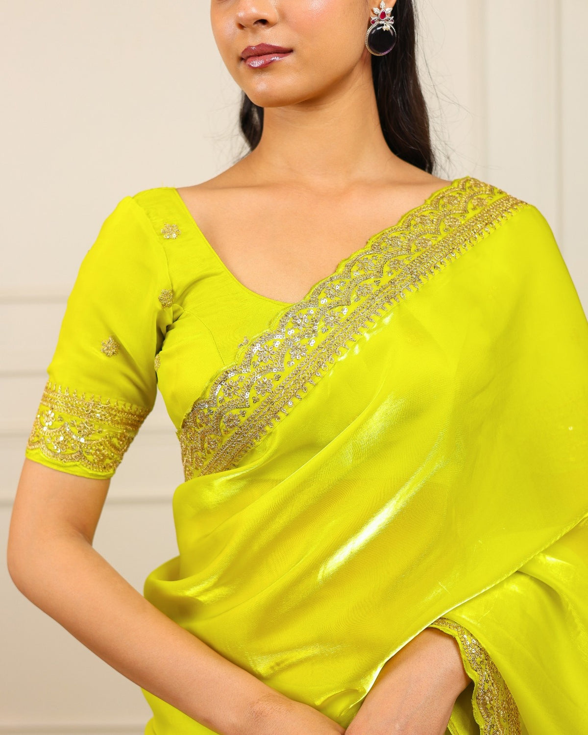 Peachmode Yellow Silk Saree with Sequins Embroidery - Image 6