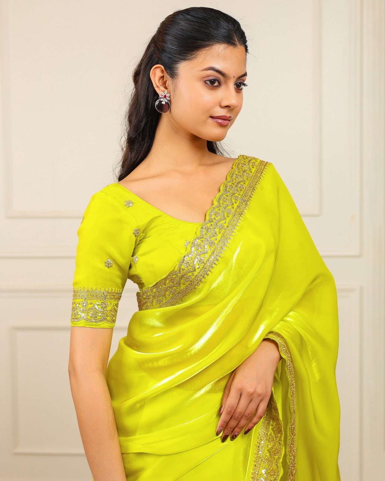 Peachmode Yellow Silk Saree with Sequins Embroidery - Image 7
