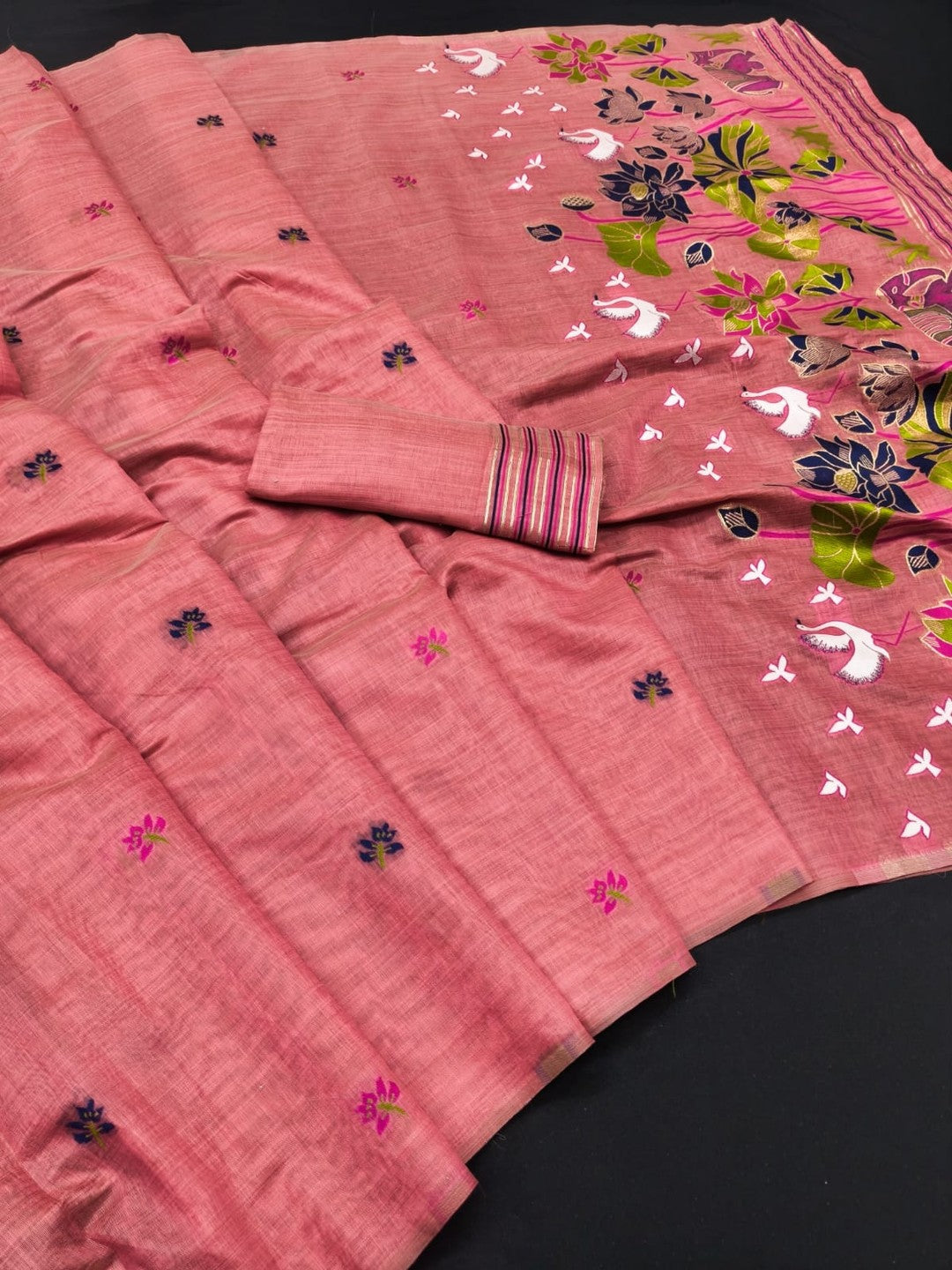 Peachmode Pink Linen Jamdani Saree for Traditional Wear - Image 3
