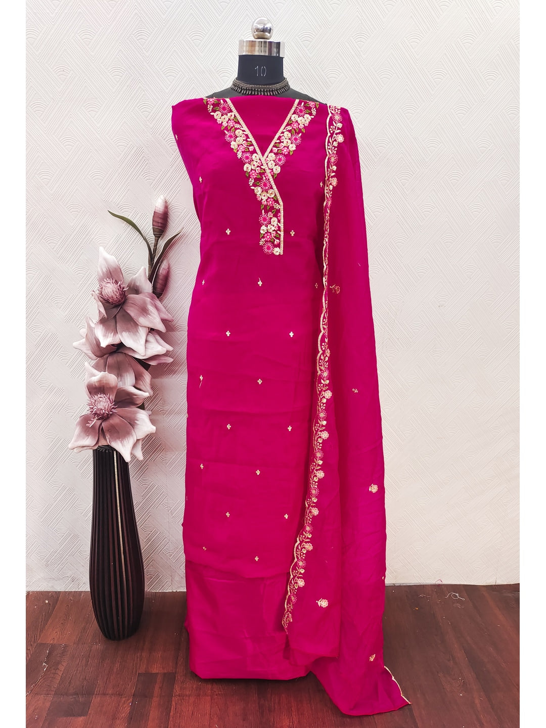 Peachmode Pink Mul Chanderi Dress Material with Floral Embroidery - Image 3
