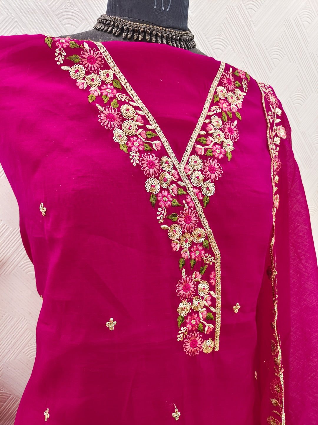 Peachmode Pink Mul Chanderi Dress Material with Floral Embroidery - Image 4
