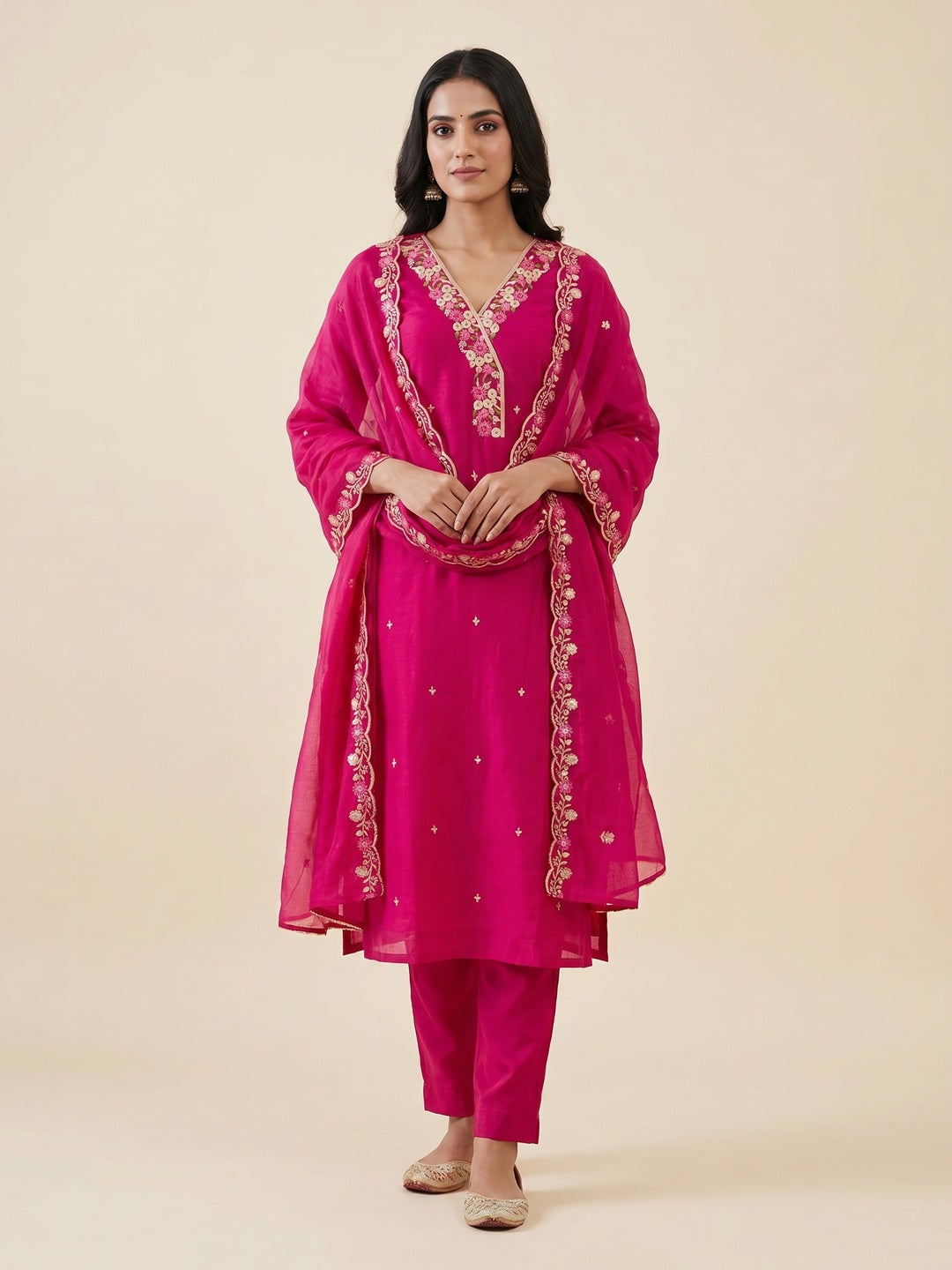 Peachmode Pink Mul Chanderi Dress Material with Floral Embroidery - Image 2