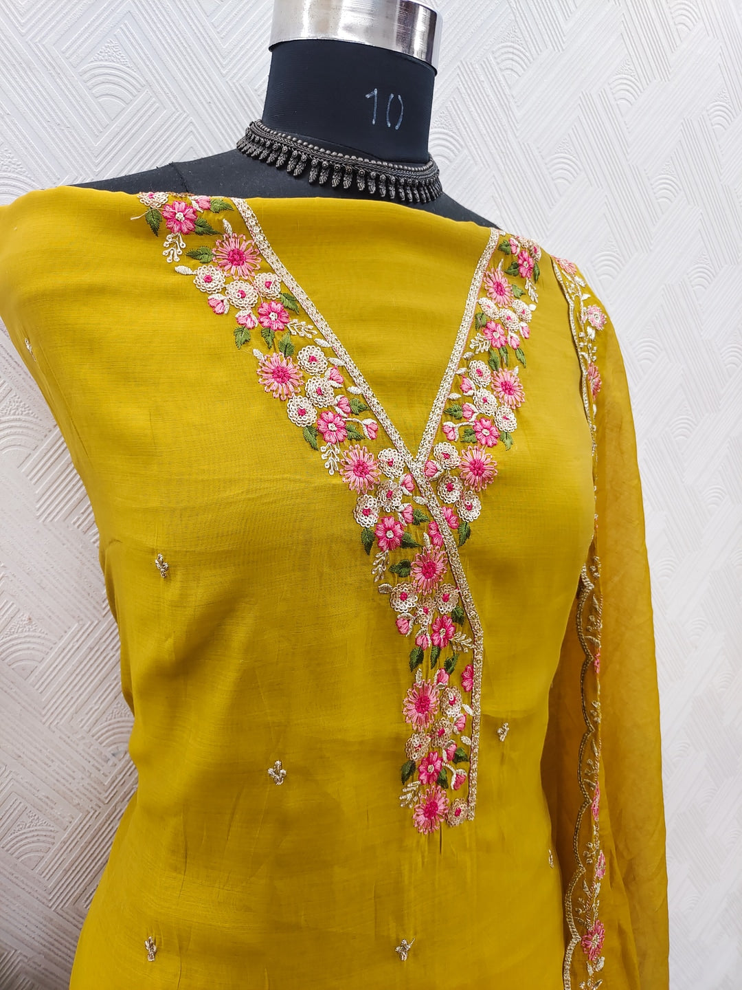 Peachmode Mustard Mul Chanderi Dress Material with Floral Embroidery - Image 3