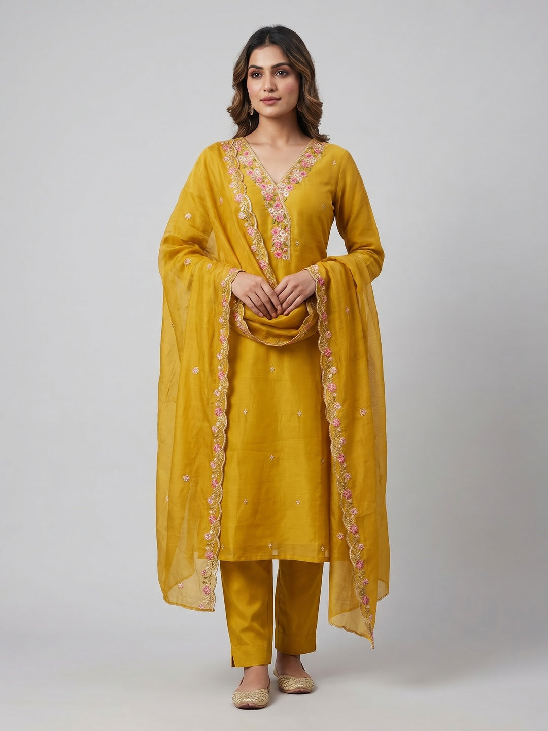 Peachmode Mustard Mul Chanderi Dress Material with Floral Embroidery - Image 1
