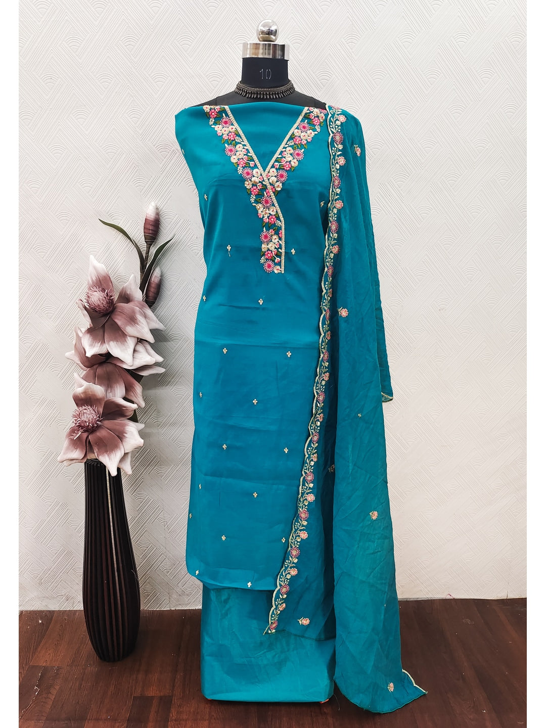 Peachmode Teal Mul Chanderi Dress Material with Floral Embroidery - Image 3