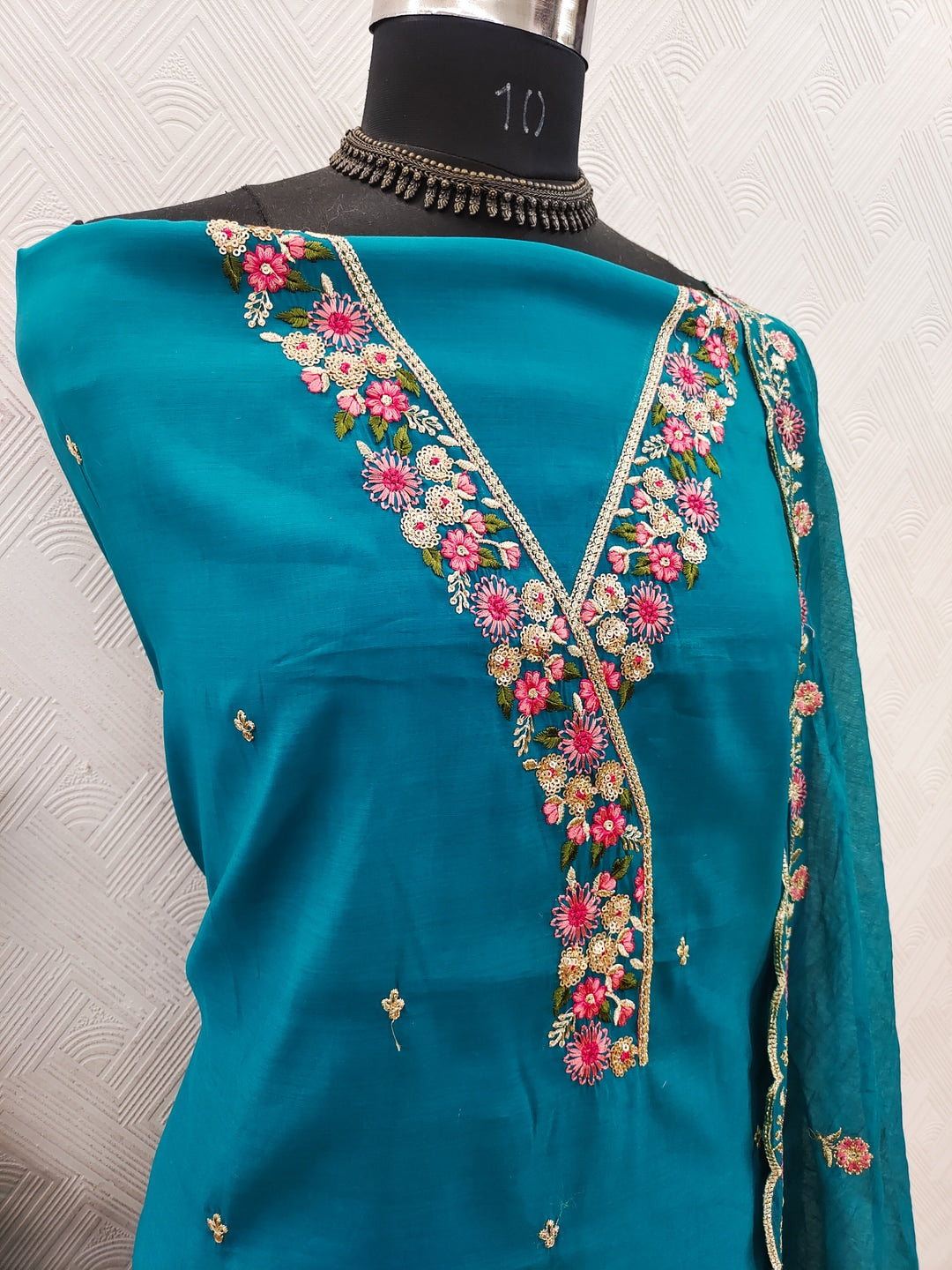 Peachmode Teal Mul Chanderi Dress Material with Floral Embroidery - Image 4
