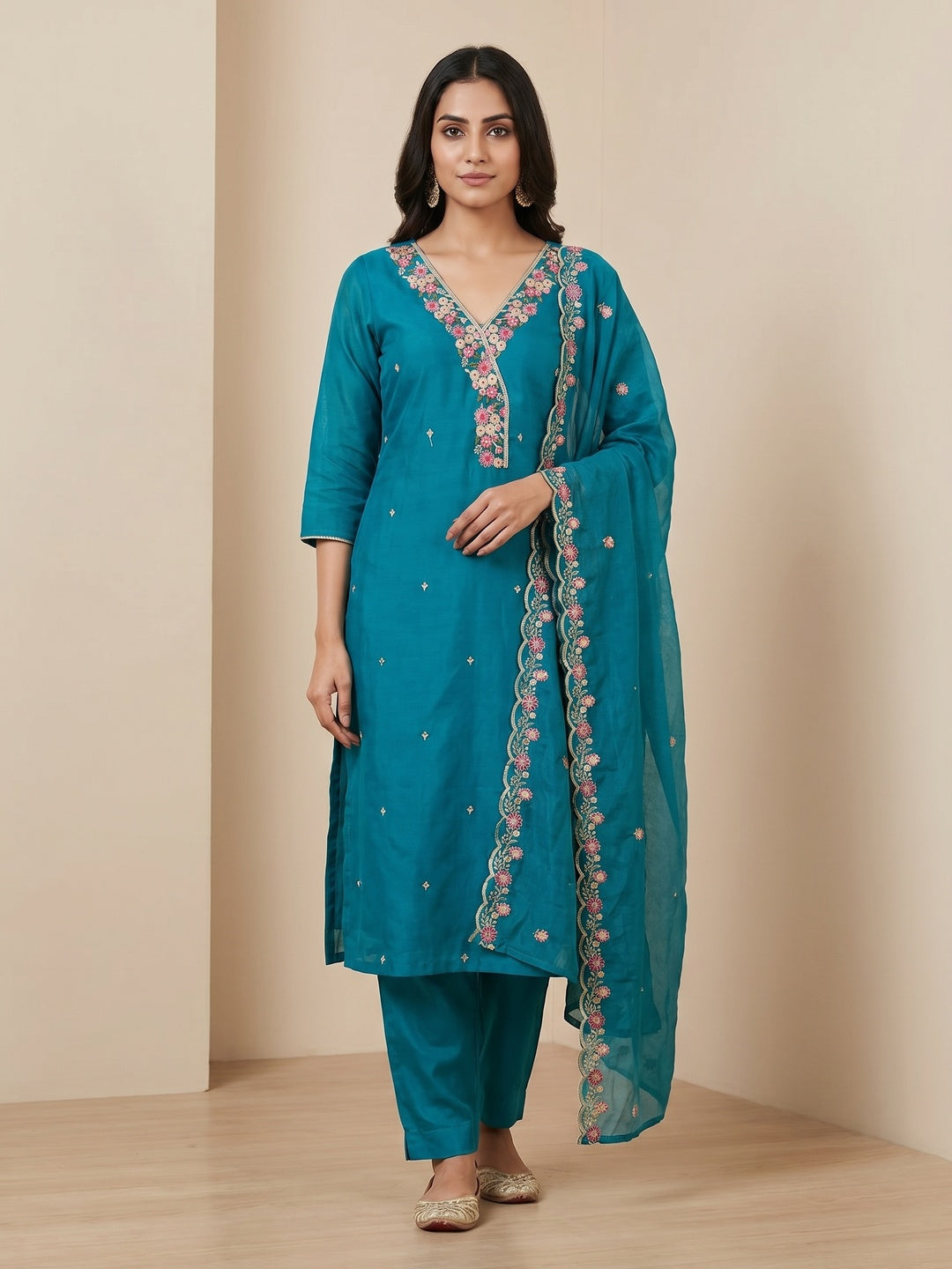 Peachmode Teal Mul Chanderi Dress Material with Floral Embroidery - Image 2
