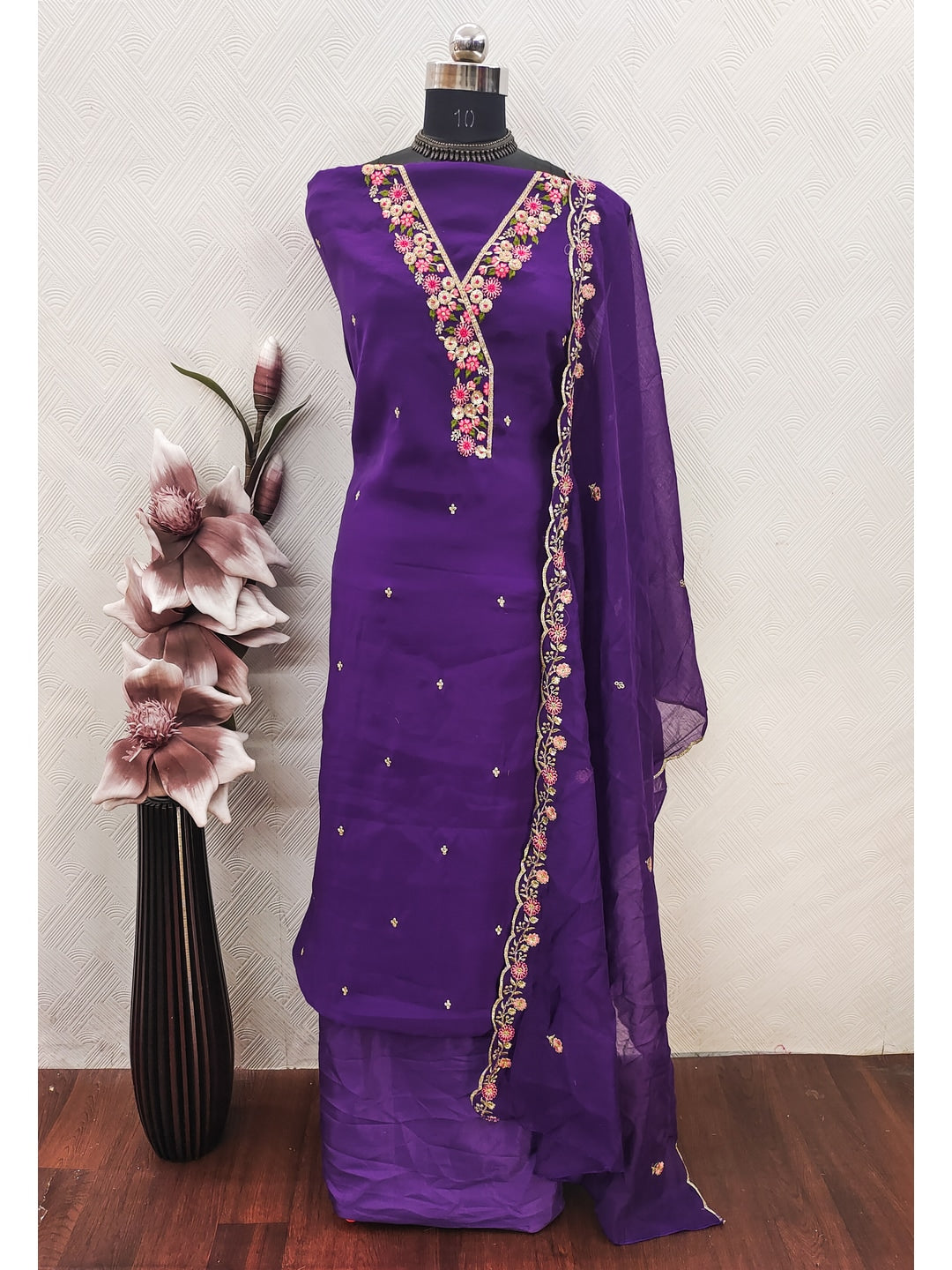 Peachmode Purple Mul Chanderi Dress Material with Floral Embroidery - Image 2