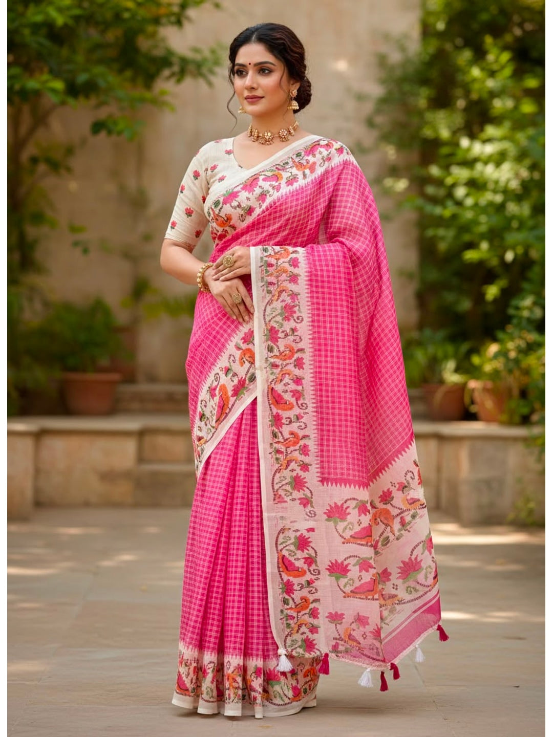Peachmode Pink Soft Linen Saree with checks floral border - Image 1