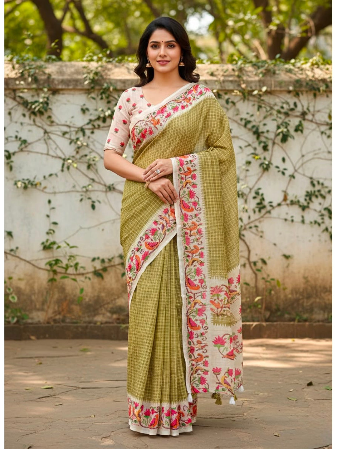 Peachmode Olive Soft Linen Saree with checks floral border - Image 1