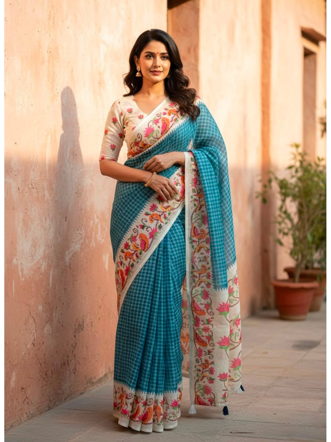 Peachmode Teal Soft Linen Saree with checks floral border - Image 1