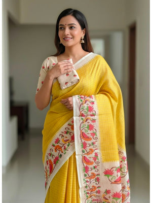 Peachmode Yellow Soft Linen Saree with checks floral border - Image 1